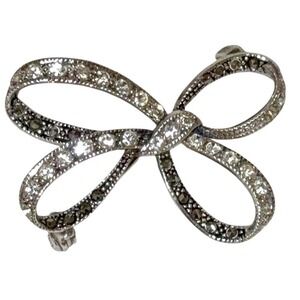 Marsala Designs Sterling Silver Bow Brooch Rhinestone & Marcasite 2" MD 925